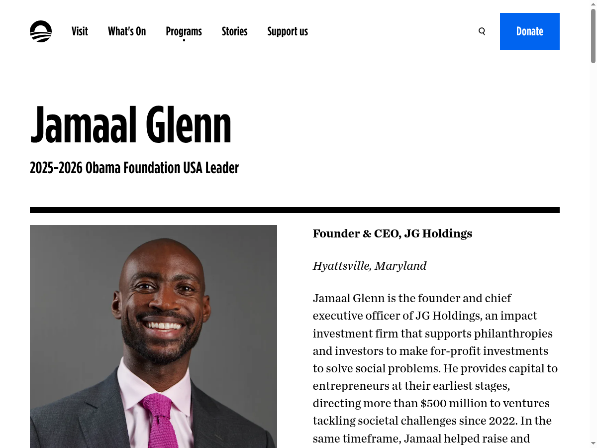 Screenshot of Jamaal Glenn's Obama Foundation profile page